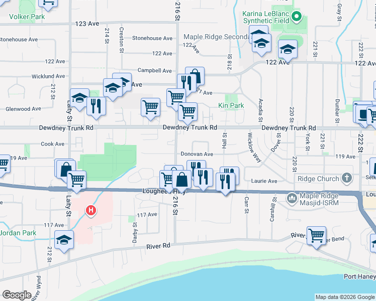 map of restaurants, bars, coffee shops, grocery stores, and more near 21633 Donovan Avenue in Maple Ridge