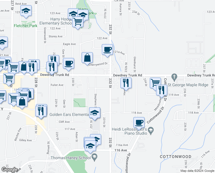 map of restaurants, bars, coffee shops, grocery stores, and more near 23177 Slager Avenue in Maple Ridge