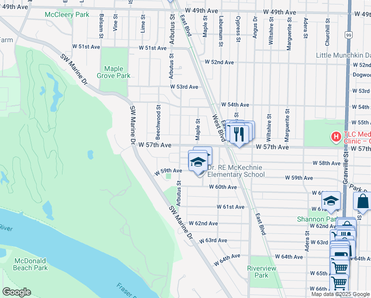 map of restaurants, bars, coffee shops, grocery stores, and more near 2078 West 57th Avenue in Vancouver