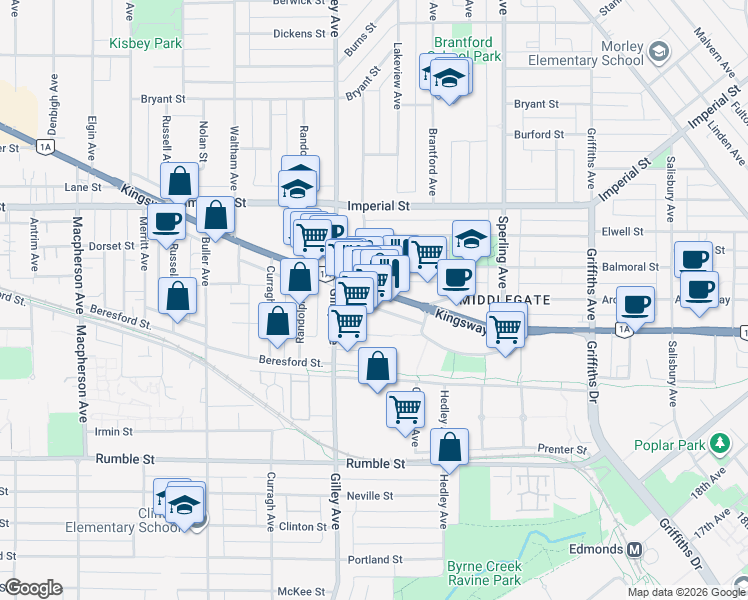 map of restaurants, bars, coffee shops, grocery stores, and more near 6408 British Columbia 99 Alternate in Burnaby