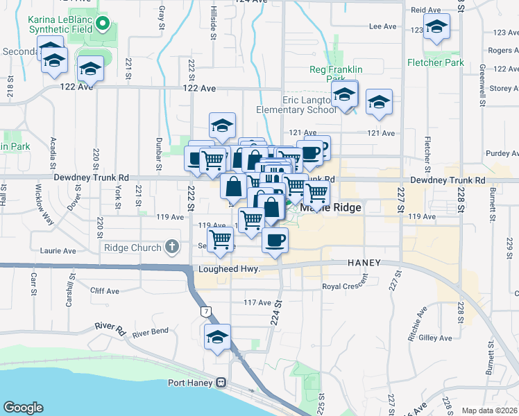 map of restaurants, bars, coffee shops, grocery stores, and more near 22364 McIntosh Avenue in Maple Ridge