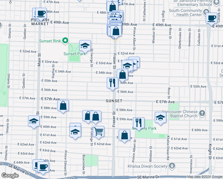 map of restaurants, bars, coffee shops, grocery stores, and more near 7191 Fraser Street in Vancouver