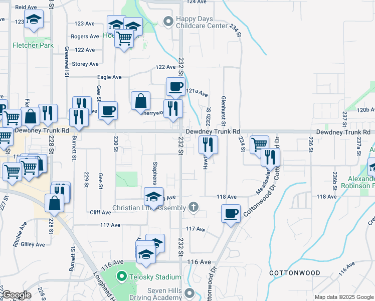 map of restaurants, bars, coffee shops, grocery stores, and more near 11950 232 Street in Maple Ridge