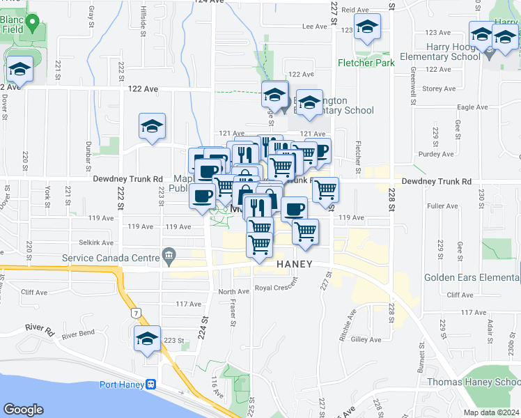 map of restaurants, bars, coffee shops, grocery stores, and more near in Maple Ridge