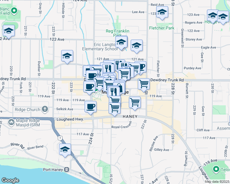 map of restaurants, bars, coffee shops, grocery stores, and more near in Maple Ridge