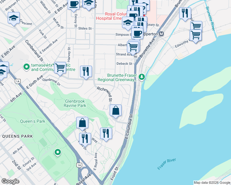 map of restaurants, bars, coffee shops, grocery stores, and more near 78 Richmond Street in New Westminster