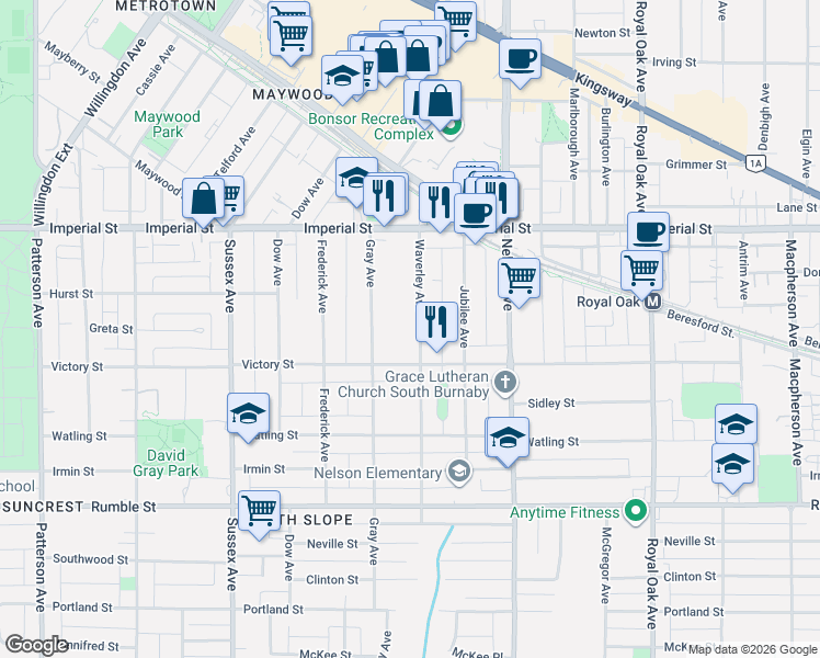 map of restaurants, bars, coffee shops, grocery stores, and more near 7079 Waverley Avenue in Burnaby