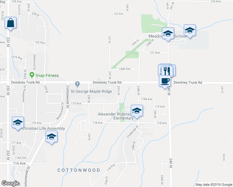 map of restaurants, bars, coffee shops, grocery stores, and more near 11937 237A Street in Maple Ridge
