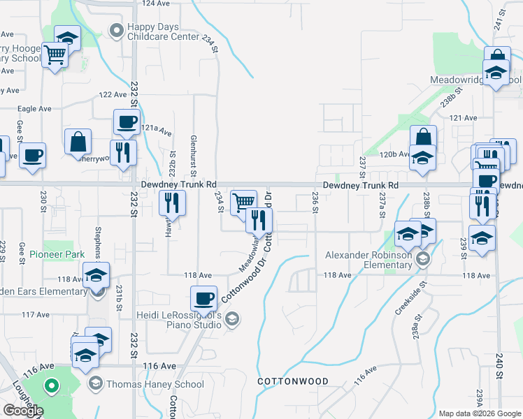 map of restaurants, bars, coffee shops, grocery stores, and more near 11976 Cottonwood Drive in Maple Ridge