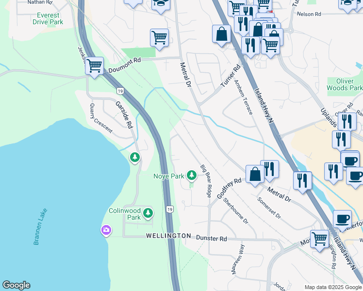 map of restaurants, bars, coffee shops, grocery stores, and more near 5667 Big Bear Ridge in Nanaimo