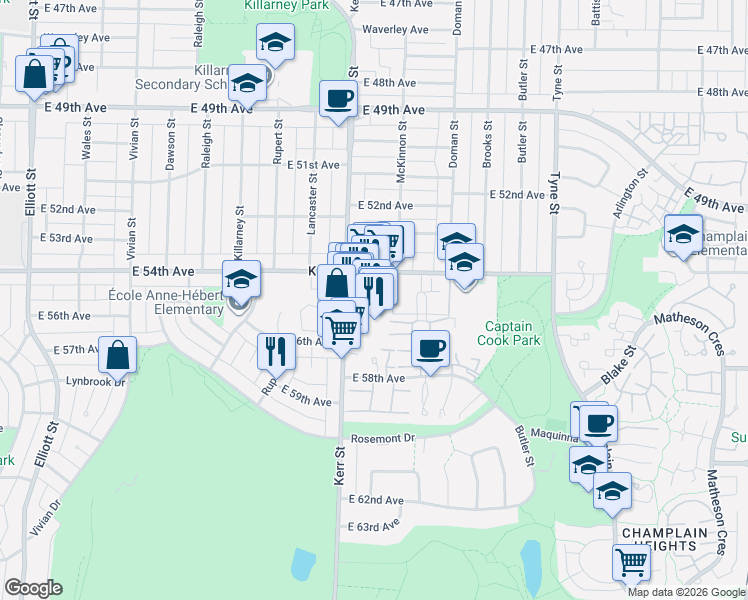 map of restaurants, bars, coffee shops, grocery stores, and more near 7132 Kerr Street in Vancouver