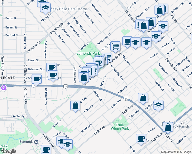 map of restaurants, bars, coffee shops, grocery stores, and more near 7380 Edmonds Street in Burnaby