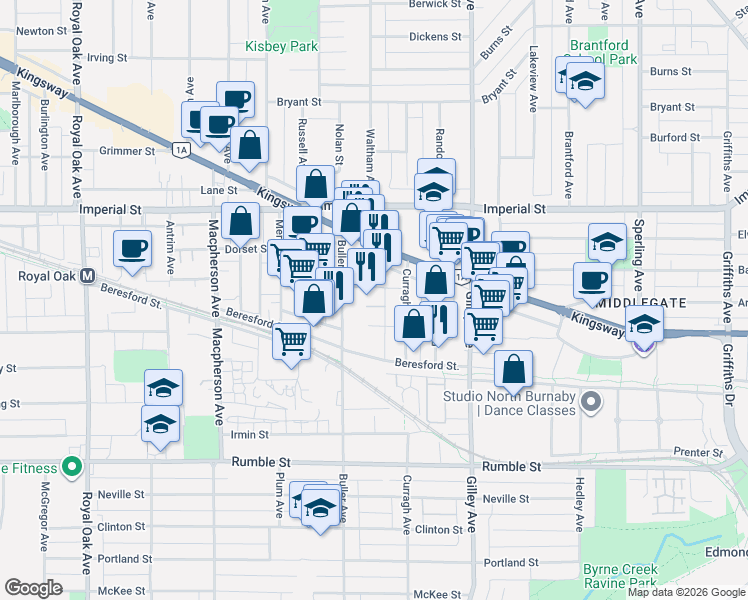 map of restaurants, bars, coffee shops, grocery stores, and more near 7060 Waltham Avenue in Burnaby