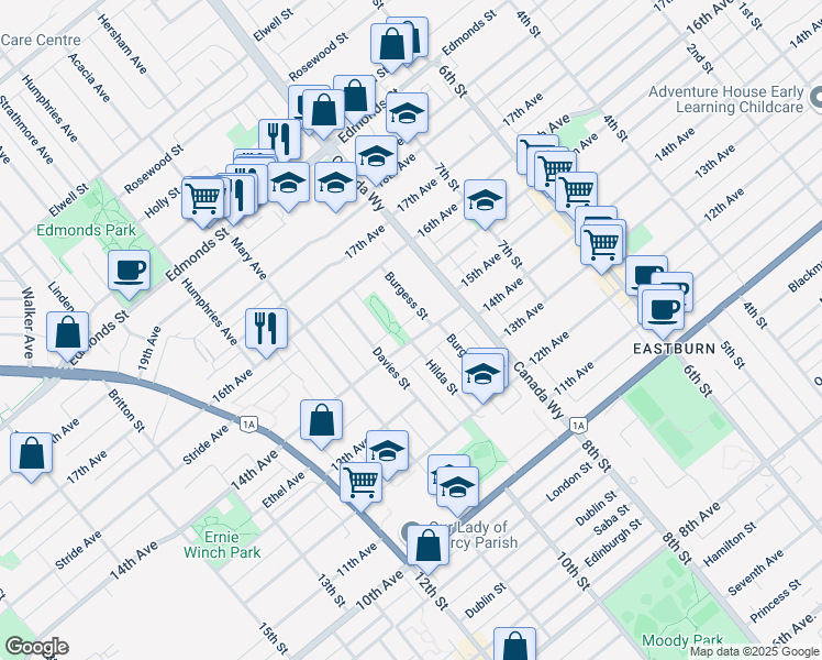 map of restaurants, bars, coffee shops, grocery stores, and more near 7605 14th Avenue in Burnaby