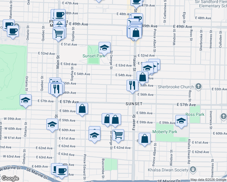 map of restaurants, bars, coffee shops, grocery stores, and more near in Vancouver