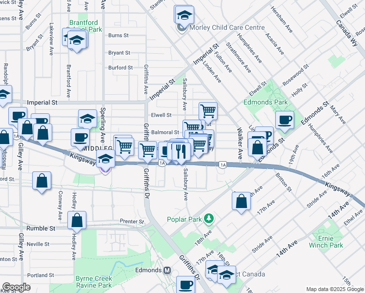 map of restaurants, bars, coffee shops, grocery stores, and more near 7057 Arcola Street in Burnaby