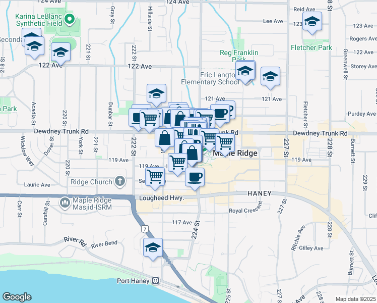 map of restaurants, bars, coffee shops, grocery stores, and more near 22364 McIntosh Avenue in Maple Ridge