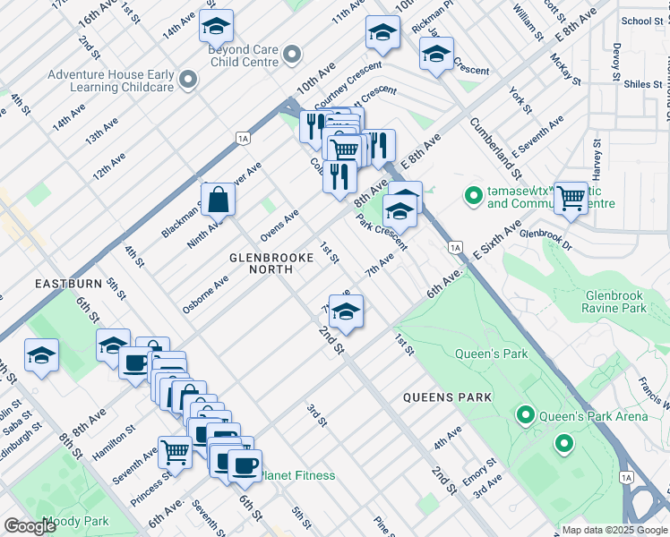 map of restaurants, bars, coffee shops, grocery stores, and more near 102 Durham Street in New Westminster
