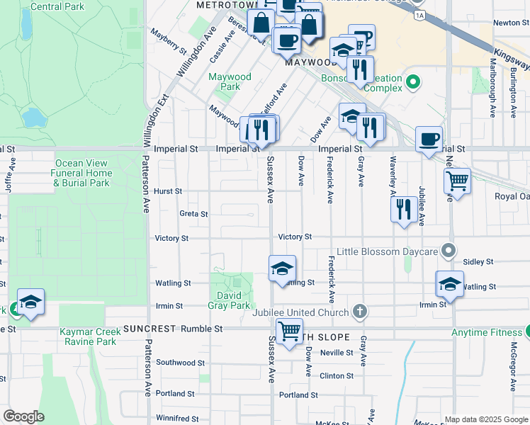 map of restaurants, bars, coffee shops, grocery stores, and more near 7091 Sussex Avenue in Burnaby