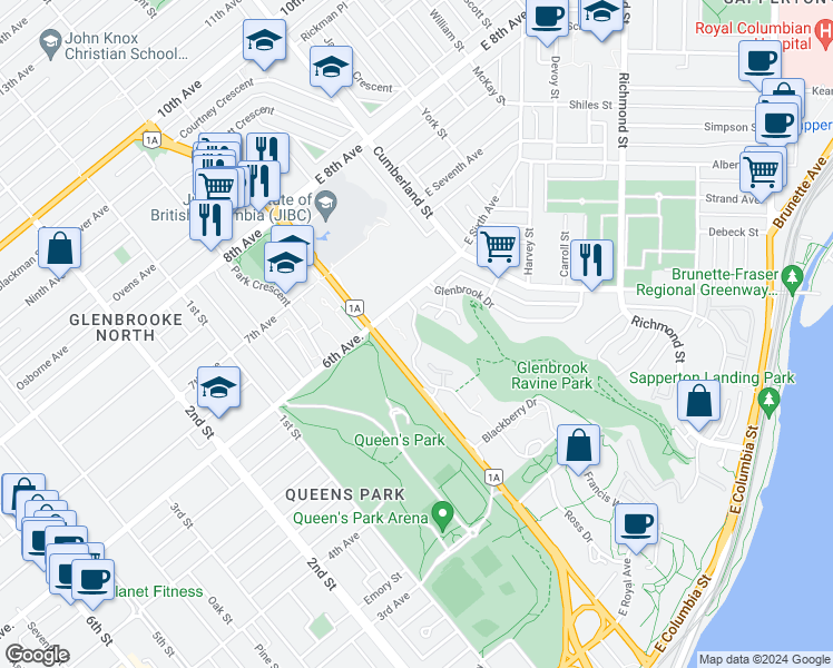 map of restaurants, bars, coffee shops, grocery stores, and more near 404 Ginger Drive in New Westminster