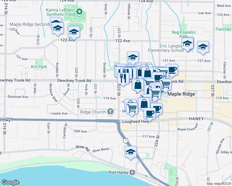 map of restaurants, bars, coffee shops, grocery stores, and more near 11951 222 Street in Maple Ridge