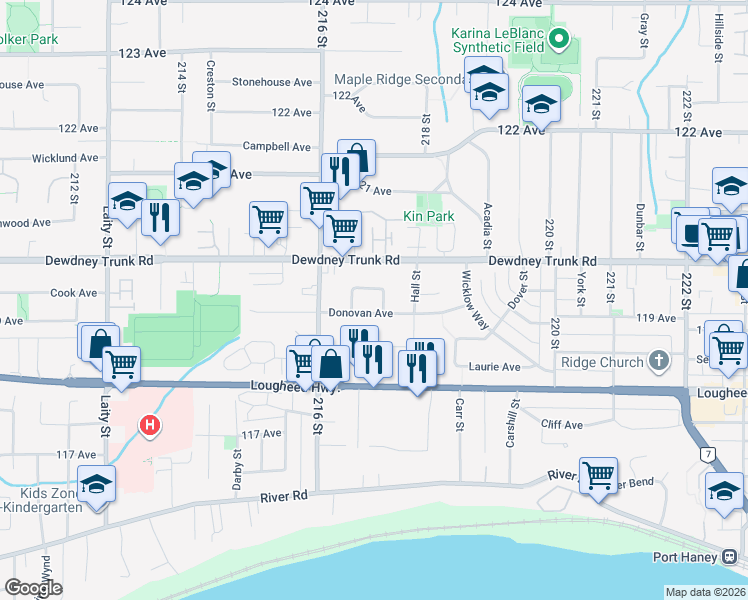 map of restaurants, bars, coffee shops, grocery stores, and more near 11939 217 Street in Maple Ridge