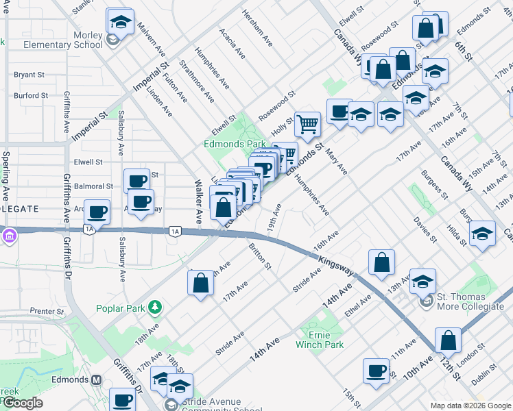 map of restaurants, bars, coffee shops, grocery stores, and more near 7303 Noble Lane in Burnaby