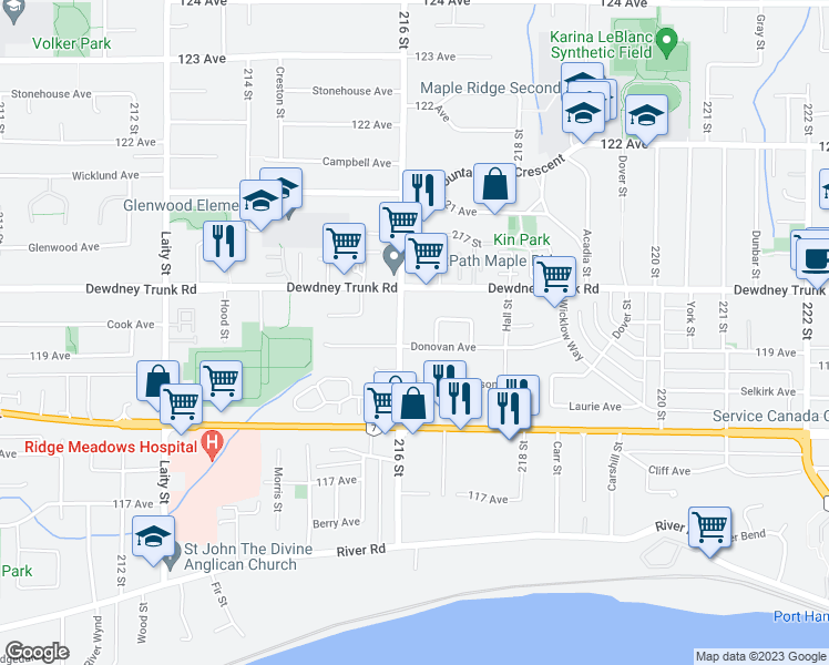 map of restaurants, bars, coffee shops, grocery stores, and more near 11938 216 Street in Maple Ridge