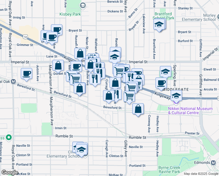 map of restaurants, bars, coffee shops, grocery stores, and more near 7070 Curragh Avenue in Burnaby