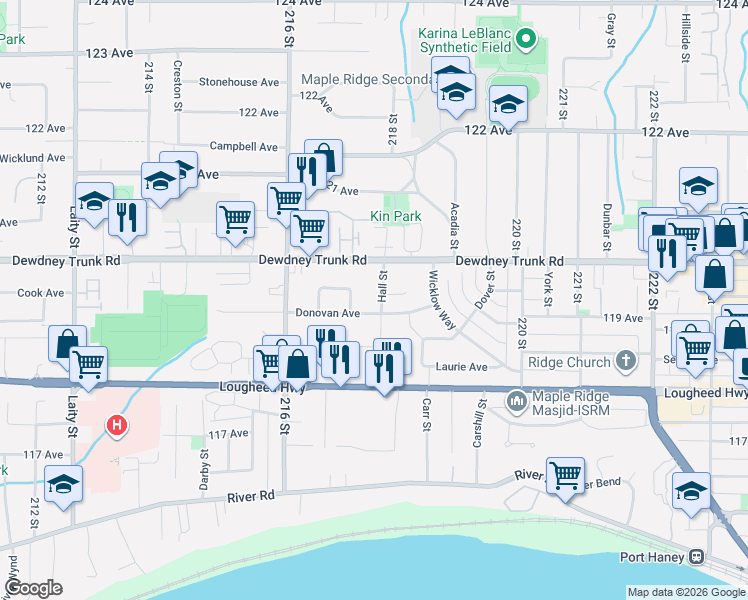 map of restaurants, bars, coffee shops, grocery stores, and more near 11939 Hall Street in Maple Ridge