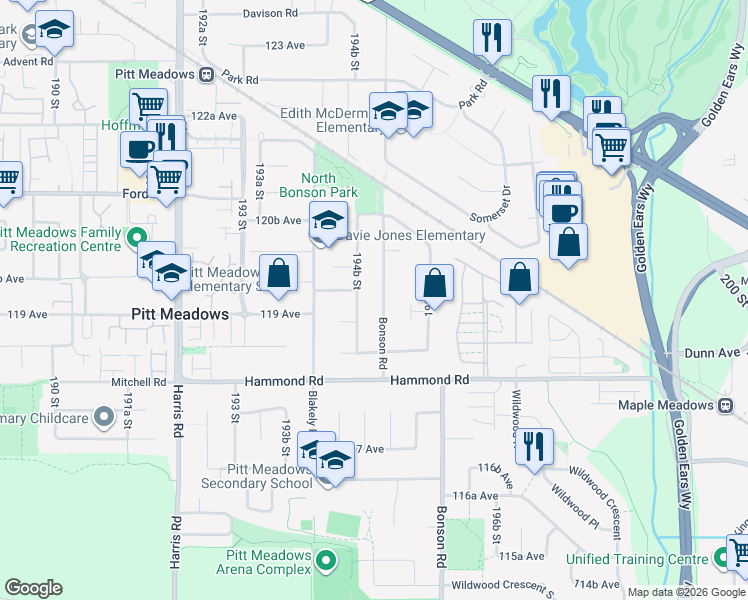 map of restaurants, bars, coffee shops, grocery stores, and more near 11940 Bonson Road in Pitt Meadows