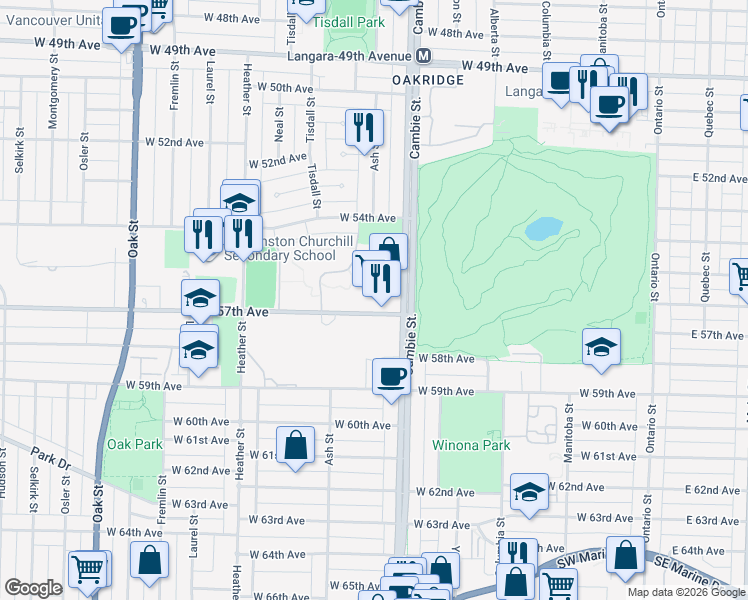 map of restaurants, bars, coffee shops, grocery stores, and more near 571 West 57th Avenue in Vancouver