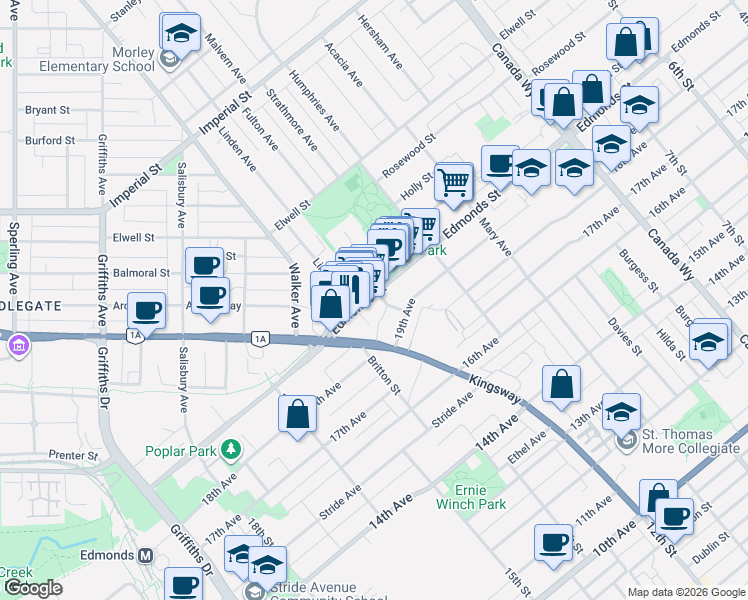 map of restaurants, bars, coffee shops, grocery stores, and more near 7380 Edmonds Street in Burnaby
