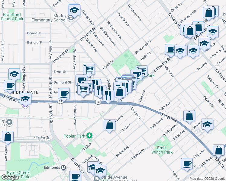 map of restaurants, bars, coffee shops, grocery stores, and more near 7325 Arcola Street in Burnaby