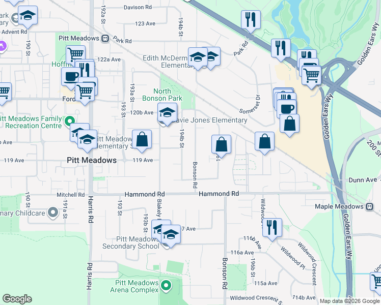 map of restaurants, bars, coffee shops, grocery stores, and more near 11939 Bonson Road in Pitt Meadows