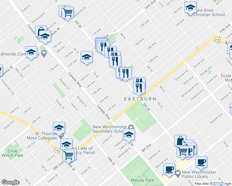 map of restaurants, bars, coffee shops, grocery stores, and more near 7818 12th Avenue in Burnaby