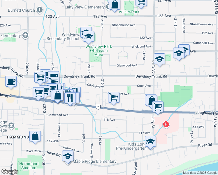 map of restaurants, bars, coffee shops, grocery stores, and more near 21028 Cook Avenue in Maple Ridge
