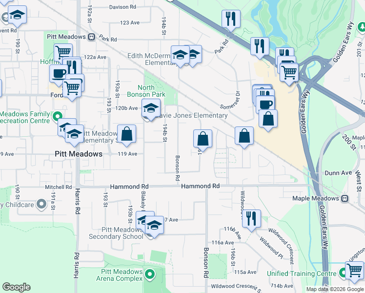 map of restaurants, bars, coffee shops, grocery stores, and more near 11940 Bonson Road in Pitt Meadows