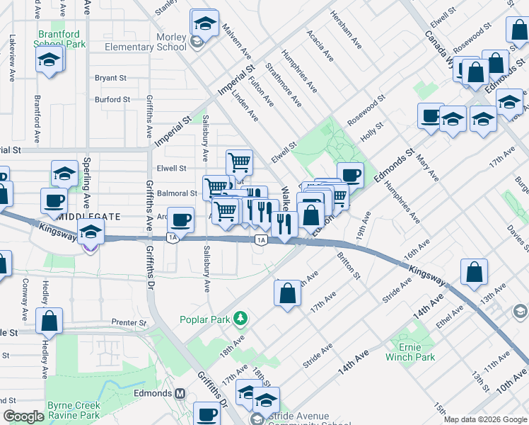 map of restaurants, bars, coffee shops, grocery stores, and more near 7325 Arcola Street in Burnaby