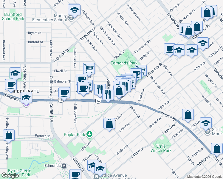 map of restaurants, bars, coffee shops, grocery stores, and more near 7325 Arcola Street in Burnaby
