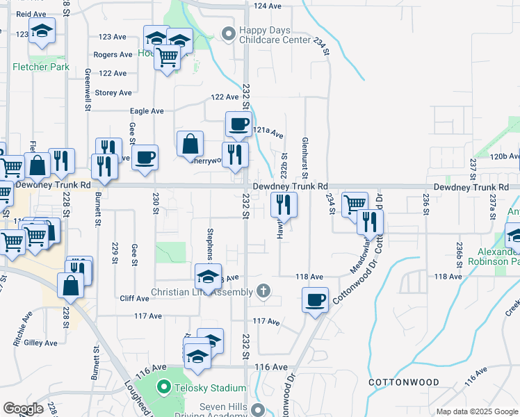map of restaurants, bars, coffee shops, grocery stores, and more near 11950 232 Street in Maple Ridge