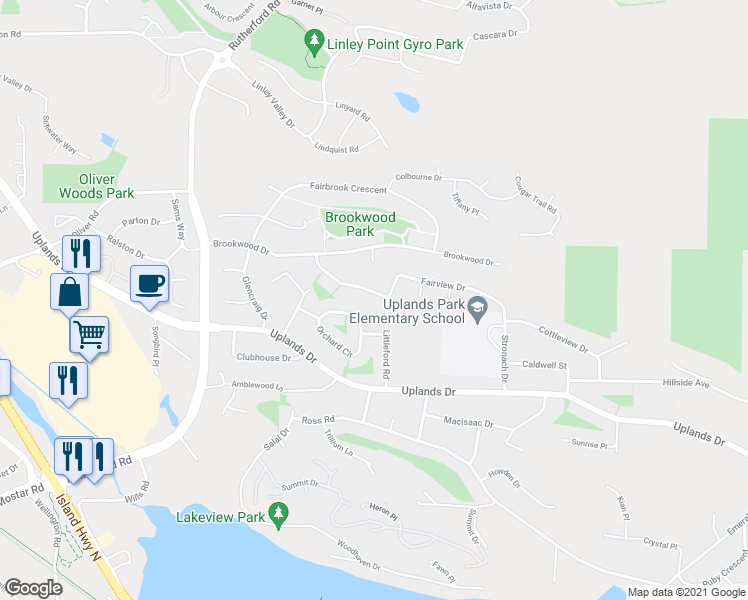 map of restaurants, bars, coffee shops, grocery stores, and more near 4506 Woodwinds Crescent in Nanaimo