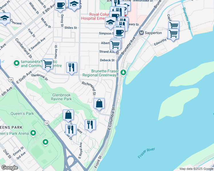 map of restaurants, bars, coffee shops, grocery stores, and more near 323 Governors Court in New Westminster