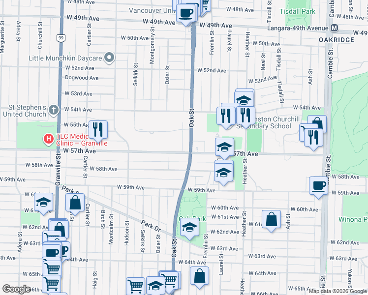 map of restaurants, bars, coffee shops, grocery stores, and more near 1029 West 57th Avenue in Vancouver