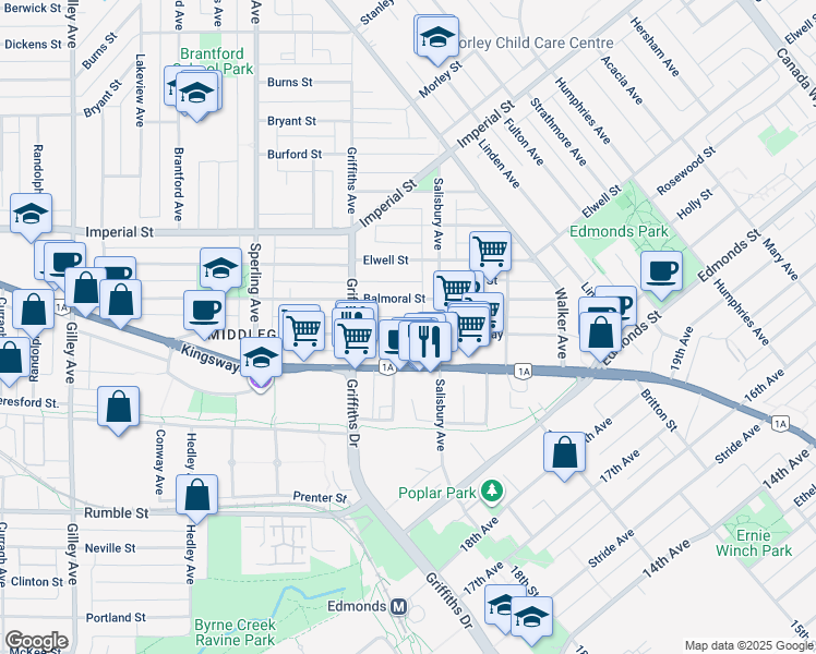 map of restaurants, bars, coffee shops, grocery stores, and more near in Burnaby