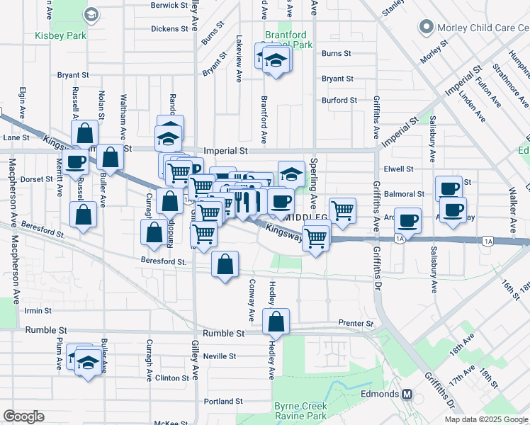 map of restaurants, bars, coffee shops, grocery stores, and more near 6569 Kingsway in Burnaby