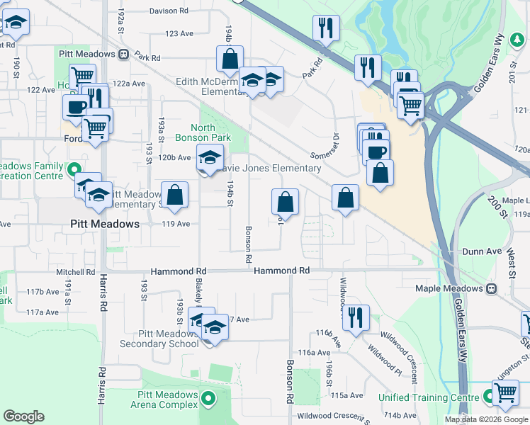 map of restaurants, bars, coffee shops, grocery stores, and more near 19541 119A Avenue in Pitt Meadows