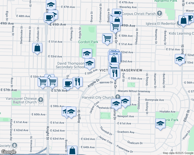 map of restaurants, bars, coffee shops, grocery stores, and more near 1861 East 56th Avenue in Vancouver