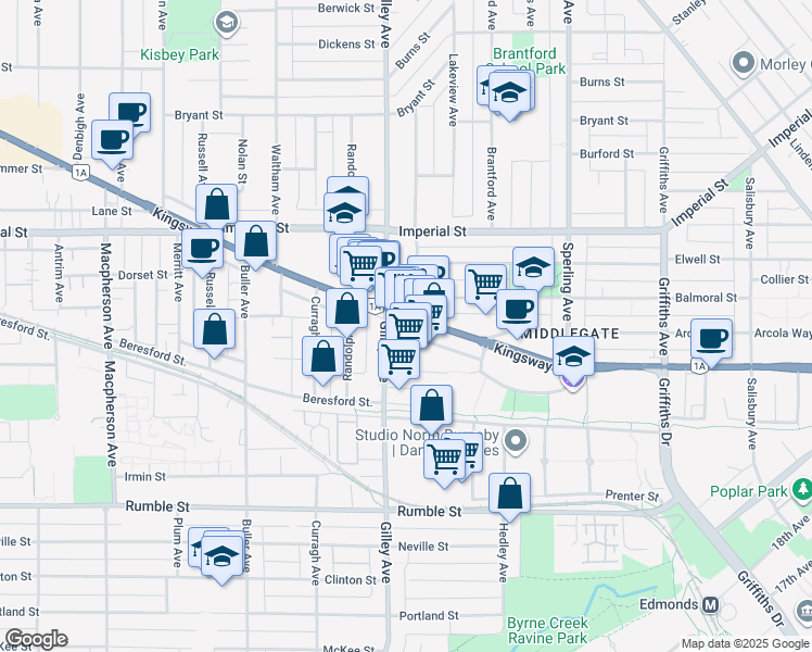 map of restaurants, bars, coffee shops, grocery stores, and more near 6344 Kingsway in Burnaby