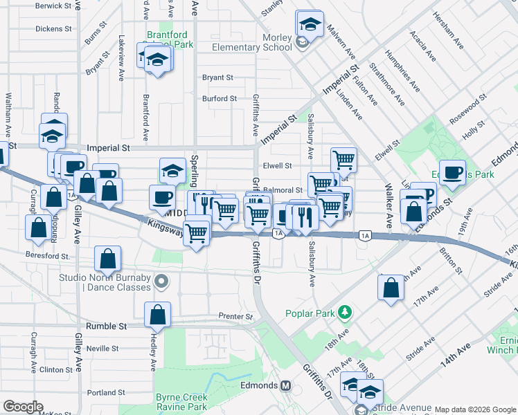 map of restaurants, bars, coffee shops, grocery stores, and more near 7010 Griffiths Avenue in Burnaby